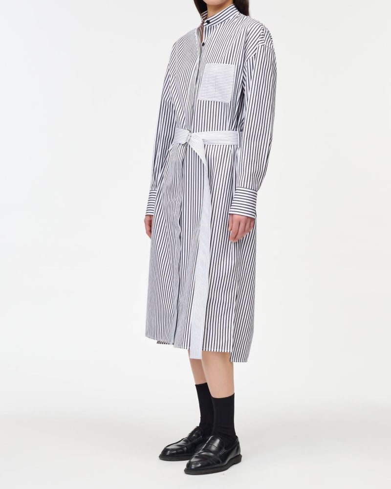 Front of a model wearing a size L Oversized Belted Shirt Dress in Black/White Stripe in Black/White Stripe by Maria McManus. | dia_product_style_image_id:342675